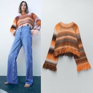 ZARA Boho Fringe Knit Striped Sweater Orange Brown 🔖 M